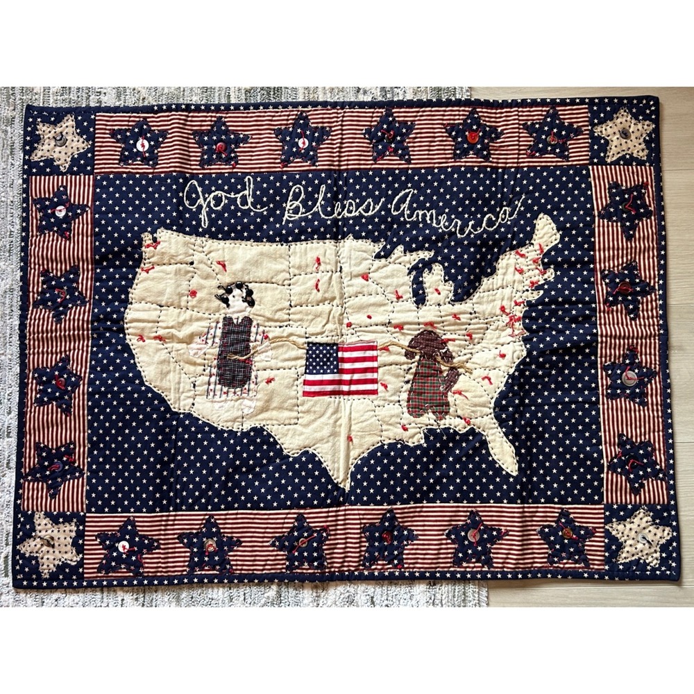 Handmade "god bless America" Quilt Wall Hanging Patriotic Folk Art USA cottage